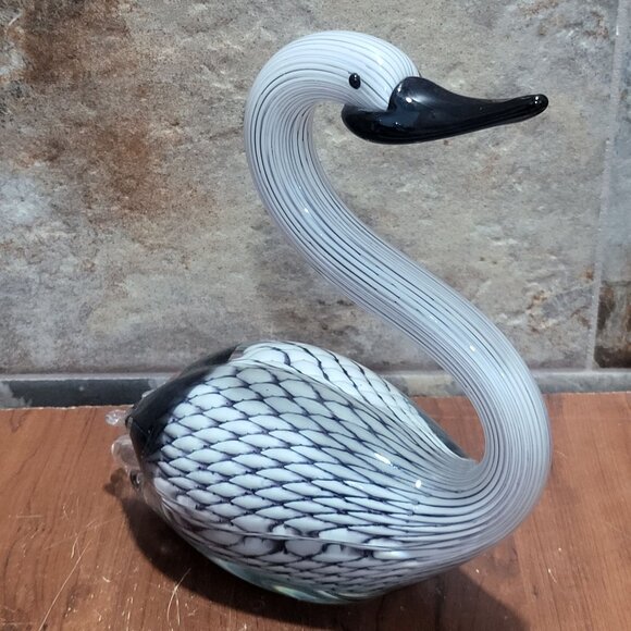Hand Blown Art Glass Black White Swan Sculpture Glass Duck - Picture 6 of 10